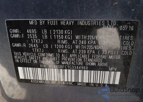 2016 Subaru Outback 2.5I Premium z USA, uszkodzony, nr VIN 4S4BSBFC1G3344960